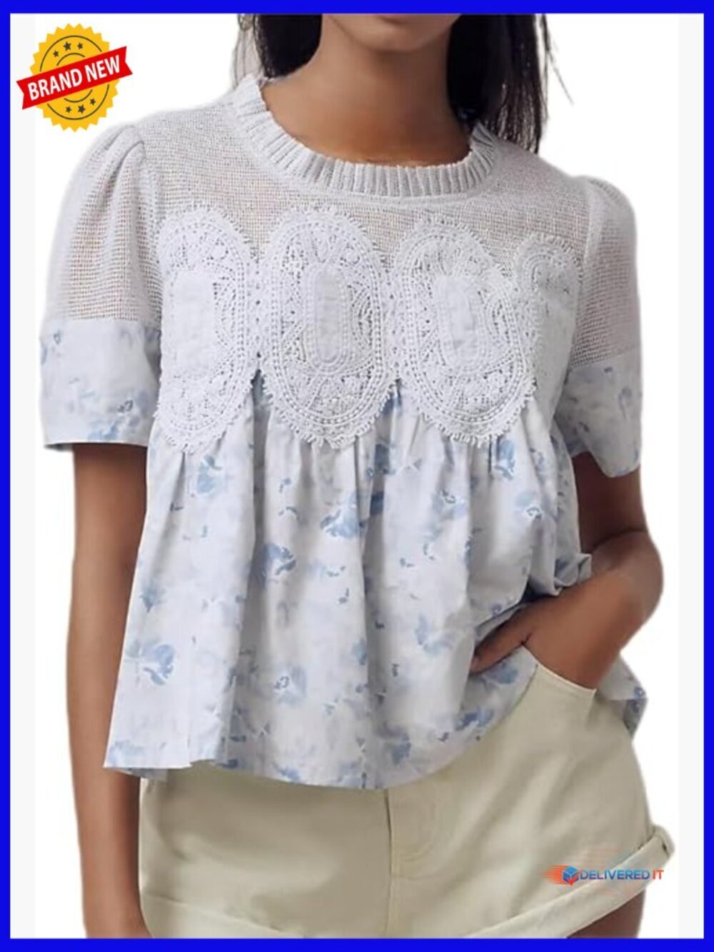 Elegant lace blouse short sleeve crew neck flared swing top loose fit